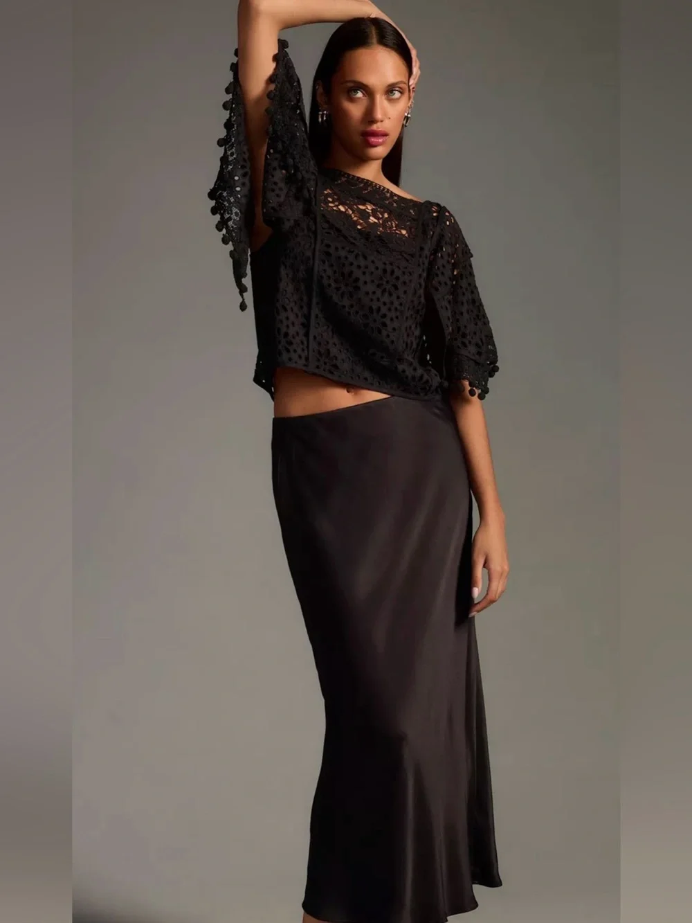 By Anthropologie Boat-Neck Black Victorian Cutwork Pom-Pom Blouse Sz XL Boho